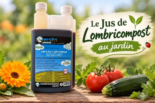 Une bouteille de jus de lombricompost avec un fond de jardin coloré, incluant des tomates, des courgettes et une fleur.